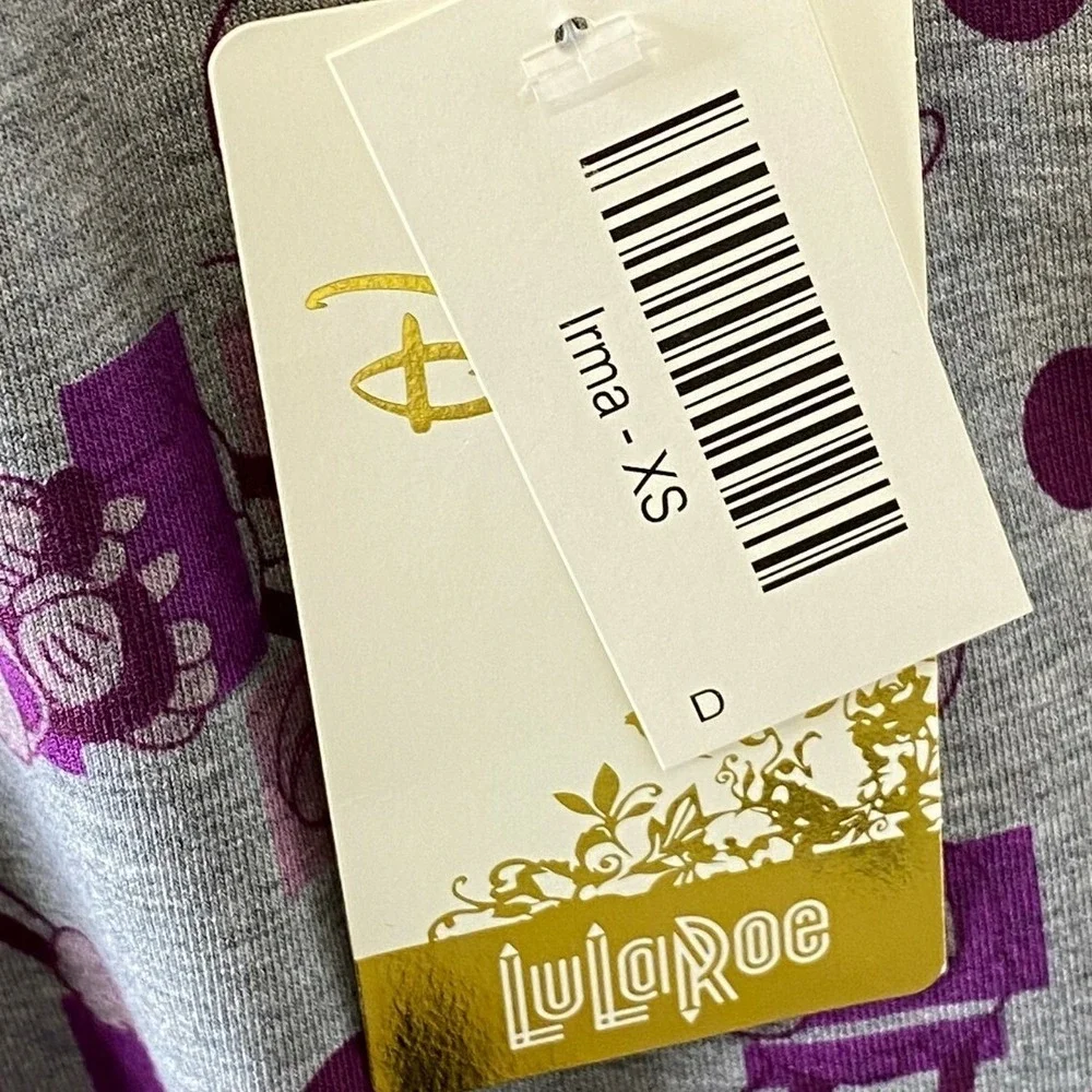 LuLaRoe Irma Disney Mickey Mouse Tunic Top Gray Purple XS New With Tags Baggy